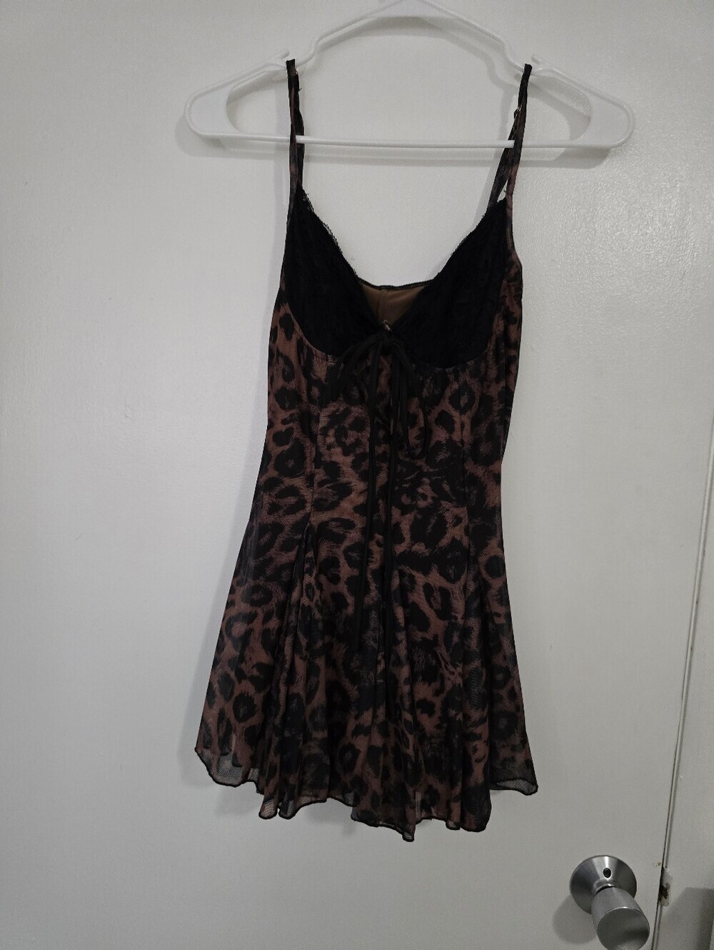 Leopard Print Spaghetti-Strap Slip Dress with Lace Trim